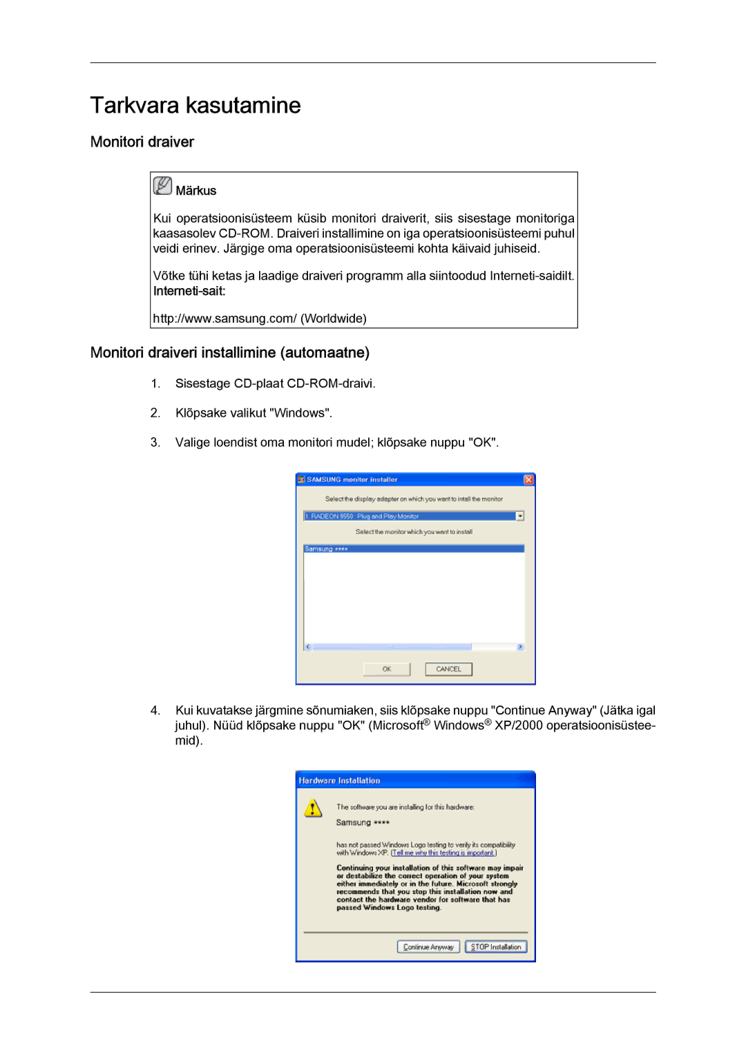 Samsung LS20TDVSUV/EN, LS24TDVSUV/EN, LS24TDDSUV/EN manual Monitori draiveri installimine automaatne, Interneti-sait 