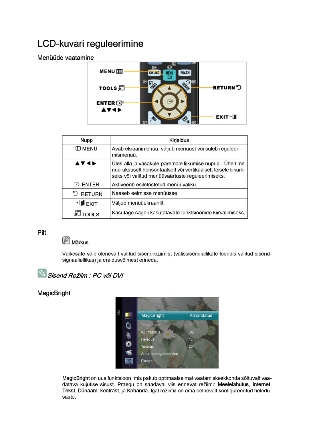 Samsung LS20TDDSUV/EN, LS20TDVSUV/EN, LS24TDVSUV/EN, LS24TDDSUV/EN Menüüde vaatamine, Pilt, MagicBright, Nupp, Kirjeldus 