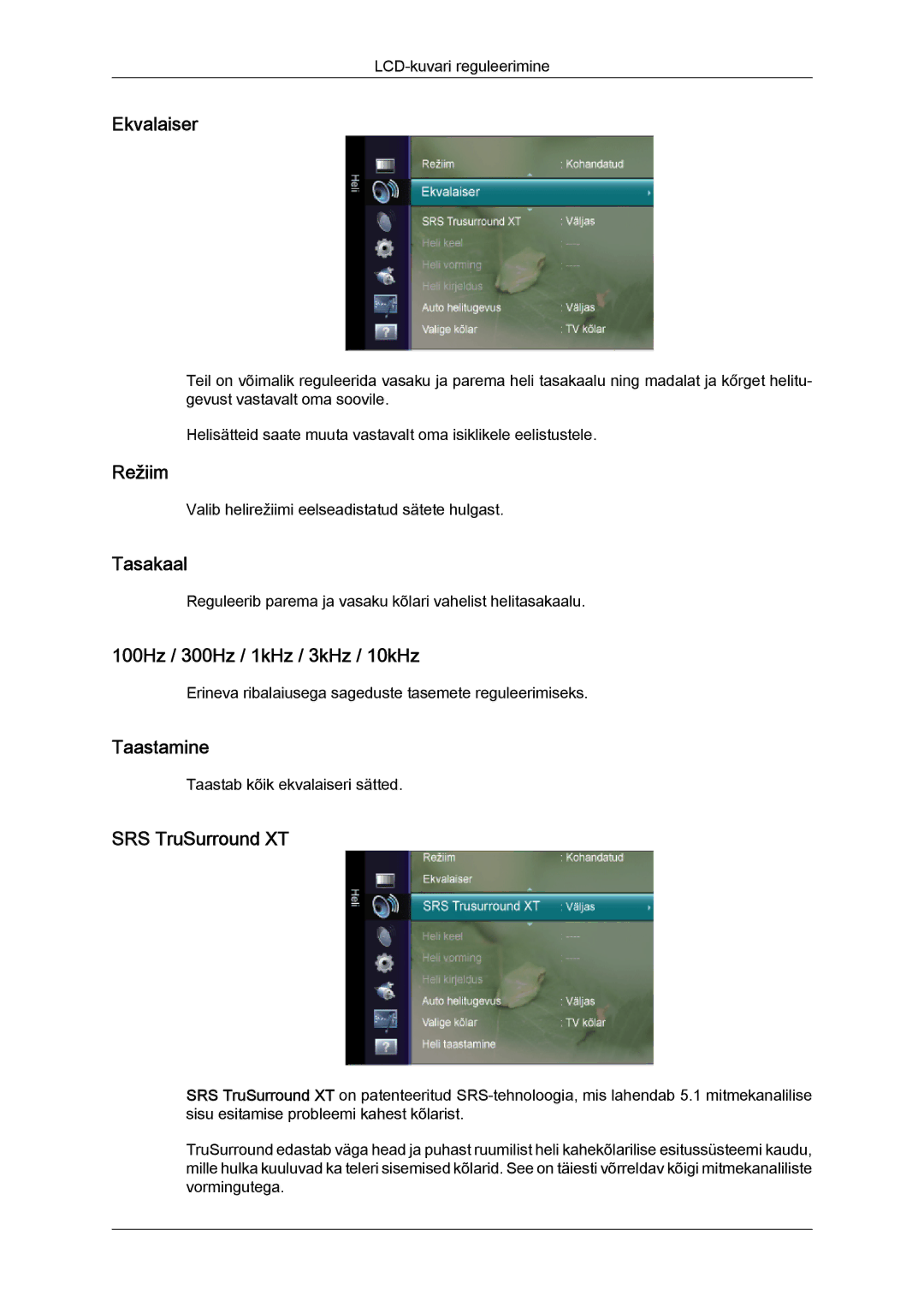 Samsung LS20TDVSUV/EN manual Ekvalaiser, Tasakaal, 100Hz / 300Hz / 1kHz / 3kHz / 10kHz, Taastamine, SRS TruSurround XT 