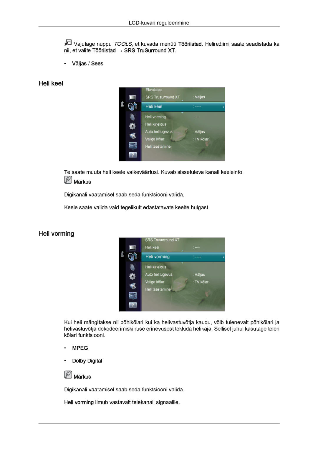 Samsung LS24TDVSUV/EN, LS20TDVSUV/EN, LS24TDDSUV/EN, LS22TDVSUV/EN manual Heli keel, Heli vorming, Dolby Digital Märkus 