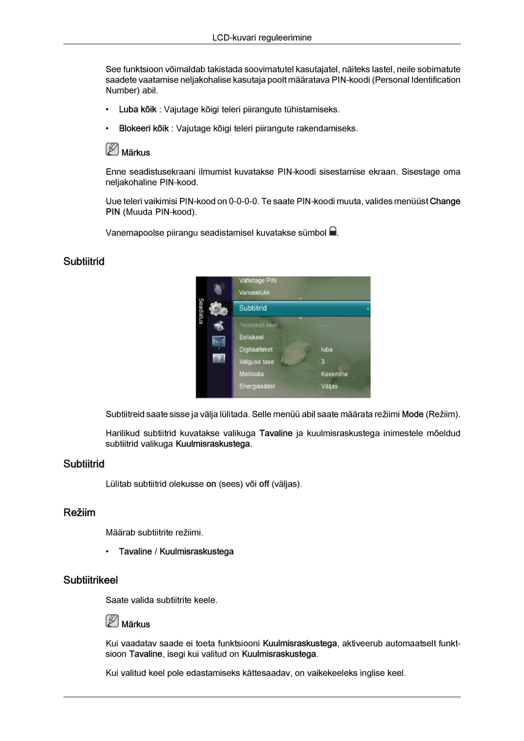 Samsung LS22TDDSUV/EN, LS20TDVSUV/EN, LS24TDVSUV/EN, LS24TDDSUV/EN Subtiitrid, Subtiitrikeel, Tavaline / Kuulmisraskustega 