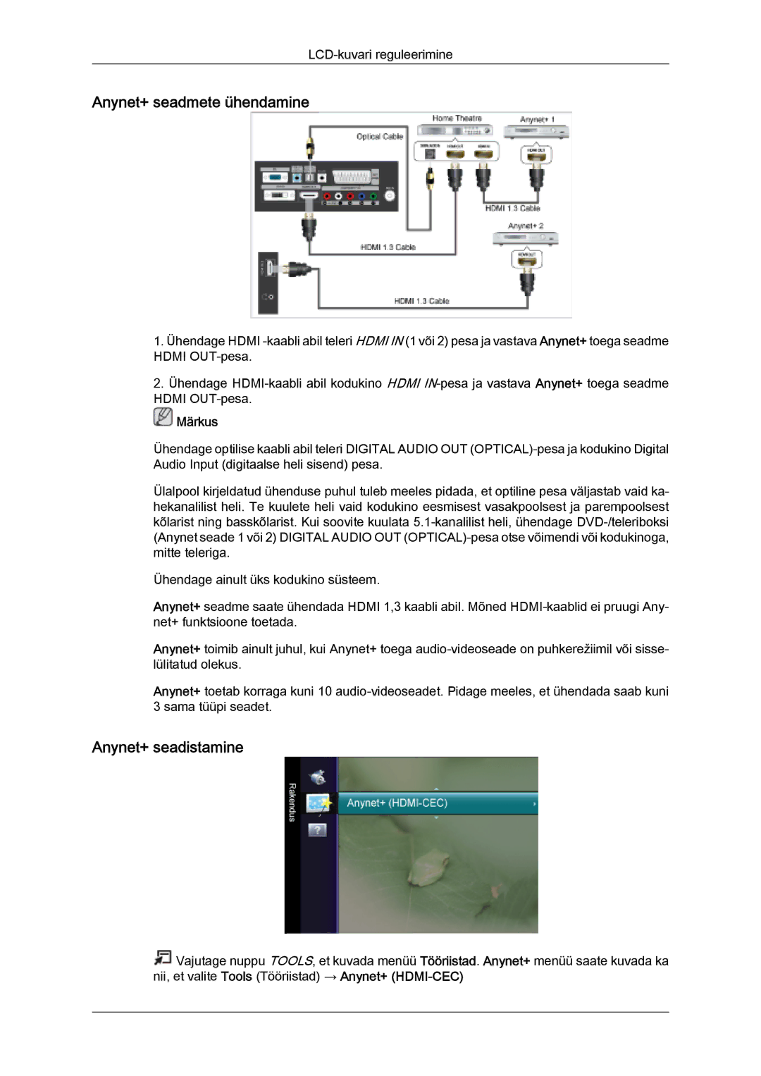 Samsung LS20TDDSUV/EN, LS20TDVSUV/EN, LS24TDVSUV/EN, LS24TDDSUV/EN manual Anynet+ seadmete ühendamine, Anynet+ seadistamine 