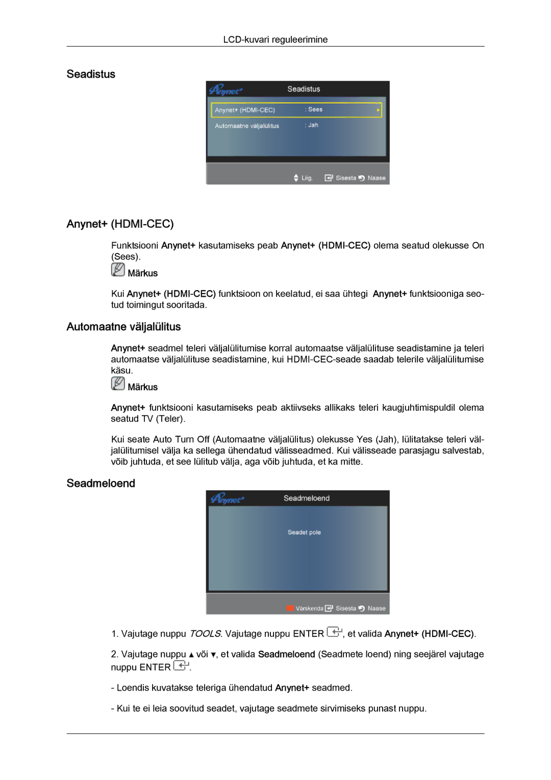 Samsung LS22TDDSUV/EN, LS20TDVSUV/EN, LS24TDVSUV/EN manual Seadistus Anynet+ HDMI-CEC, Automaatne väljalülitus, Seadmeloend 