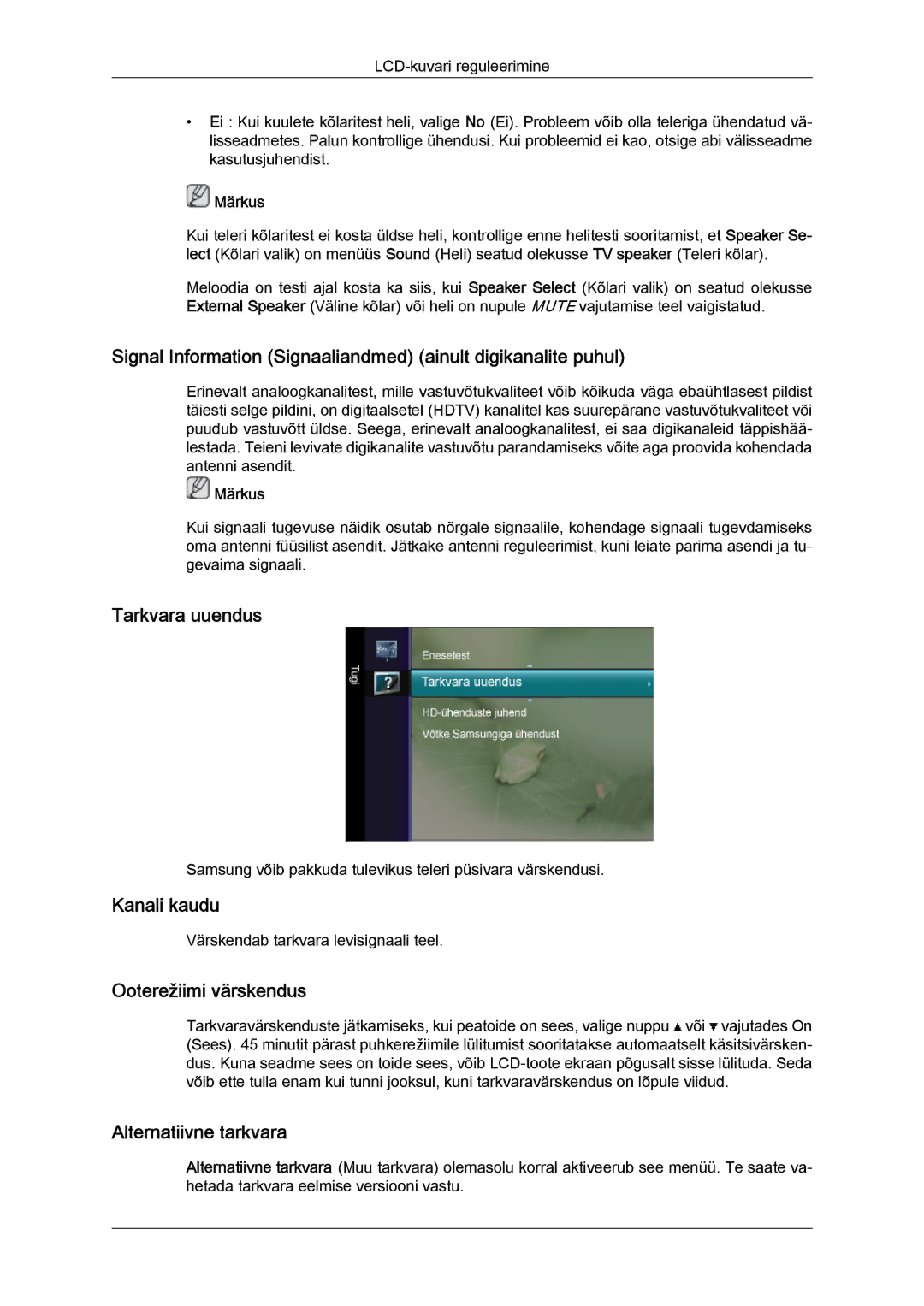 Samsung LS20TDVSUV/EN manual Signal Information Signaaliandmed ainult digikanalite puhul, Tarkvara uuendus, Kanali kaudu 