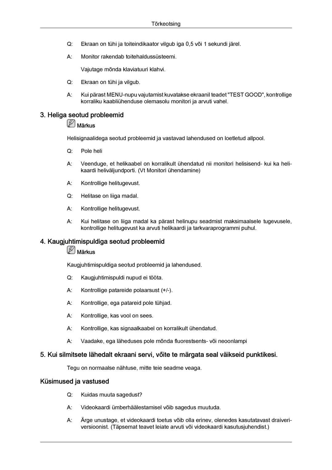 Samsung LS22TDDSUV/EN manual Heliga seotud probleemid, Kaugjuhtimispuldiga seotud probleemid, Küsimused ja vastused 