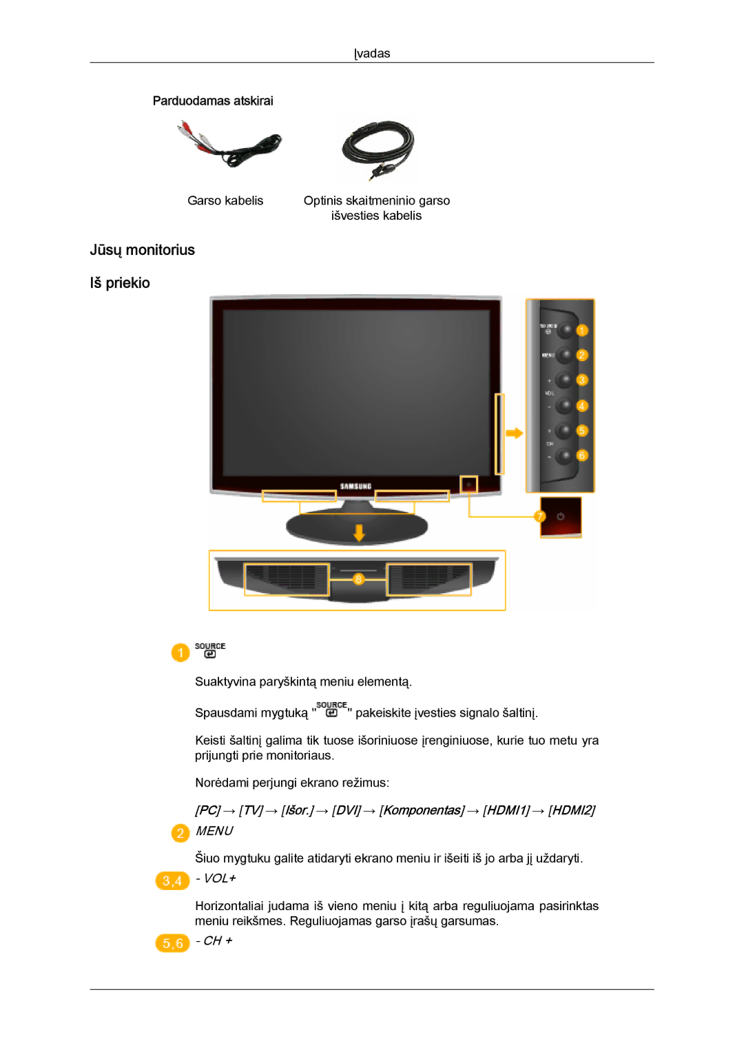 Samsung LS22TDDSUV/EN, LS20TDVSUV/EN manual Jūsų monitorius Iš priekio, PC → TV → Išor. → DVI → Komponentas → HDMI1 → HDMI2 