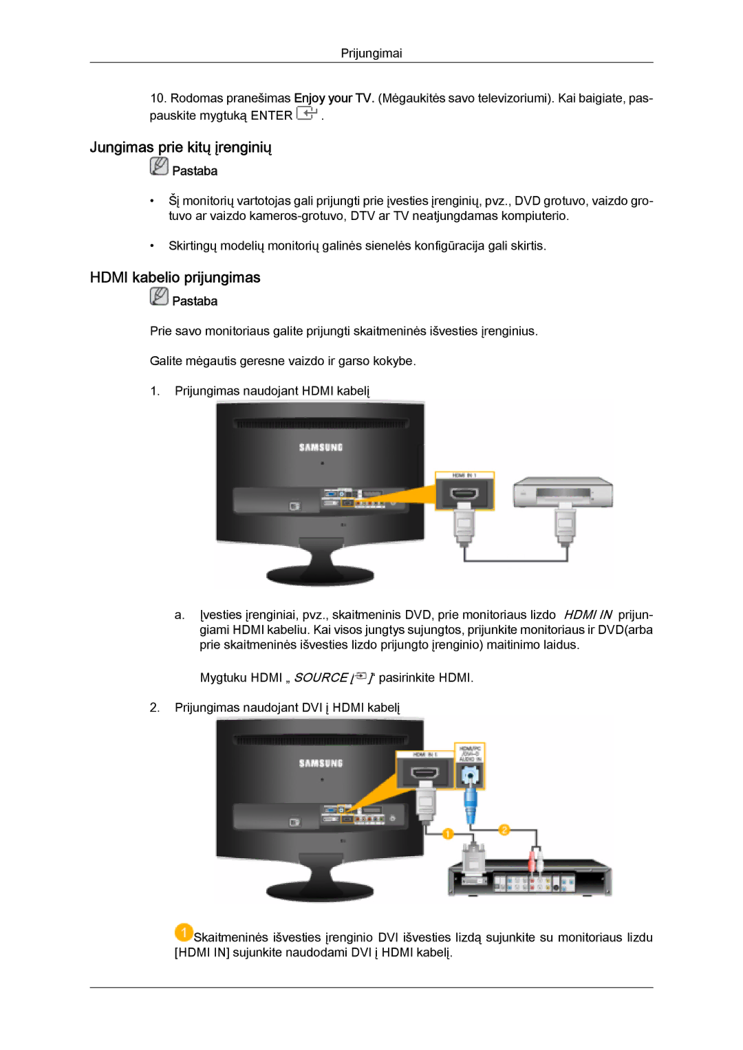 Samsung LS24TDDSUV/EN, LS20TDVSUV/EN, LS24TDVSUV/EN, LS22TDVSUV/EN Jungimas prie kitų įrenginių, Hdmi kabelio prijungimas 