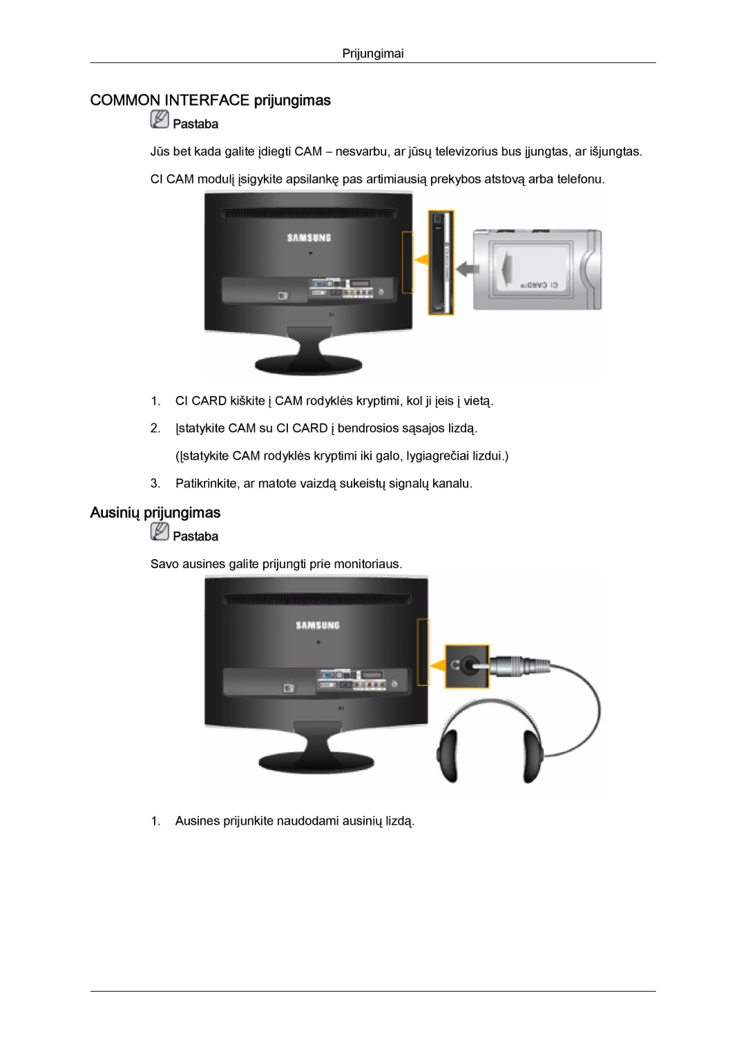 Samsung LS22TDDSUV/EN, LS20TDVSUV/EN, LS24TDVSUV/EN, LS24TDDSUV/EN manual Common Interface prijungimas, Ausinių prijungimas 