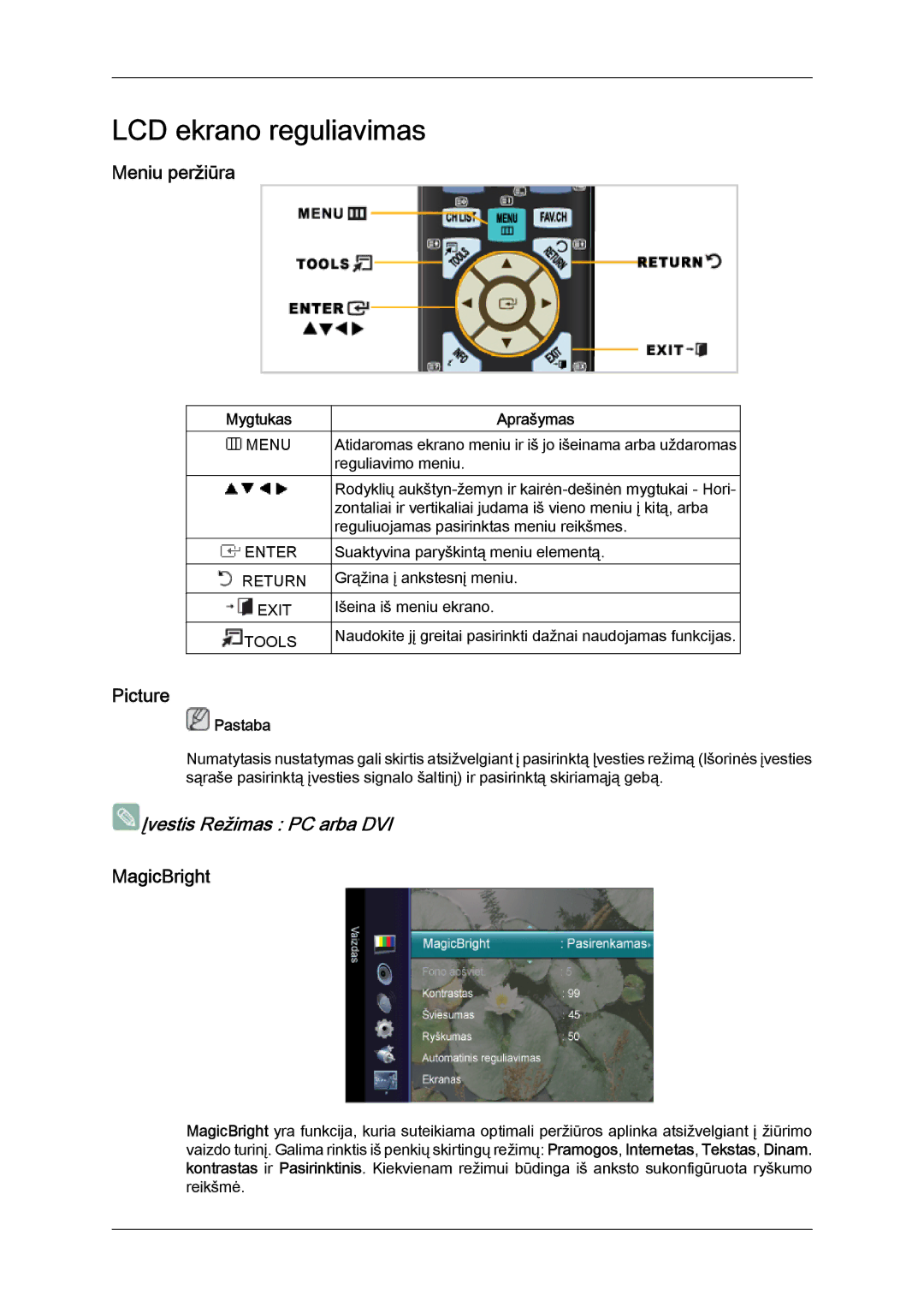 Samsung LS22TDDSUV/EN, LS20TDVSUV/EN, LS24TDVSUV/EN, LS24TDDSUV/EN Meniu peržiūra, Picture, MagicBright, Mygtukas, Aprašymas 