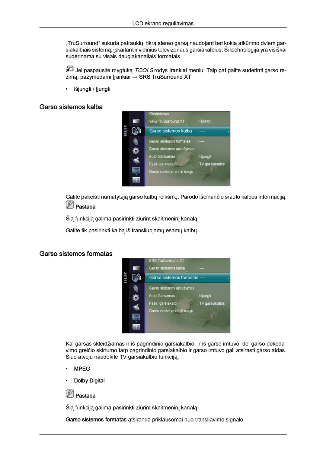 Samsung LS24TDDSUV/EN, LS20TDVSUV/EN, LS24TDVSUV/EN Garso sistemos kalba, Garso sistemos formatas, Dolby Digital Pastaba 