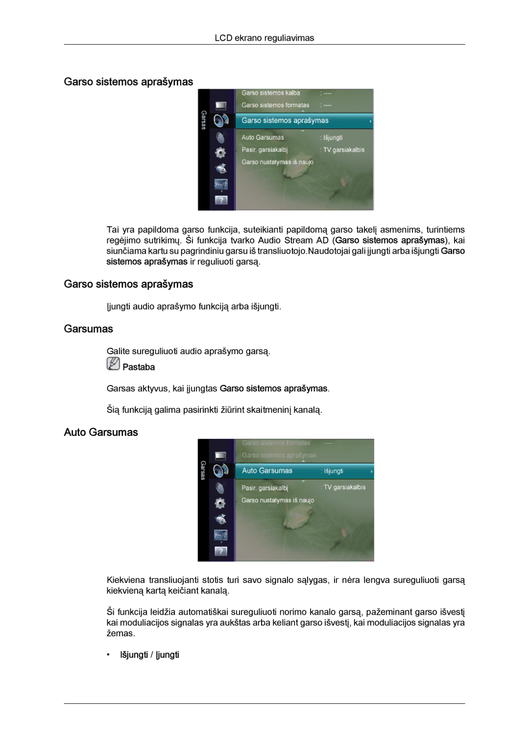 Samsung LS22TDVSUV/EN, LS20TDVSUV/EN, LS24TDVSUV/EN, LS24TDDSUV/EN, LS20TDDSUV/EN Garso sistemos aprašymas, Auto Garsumas 