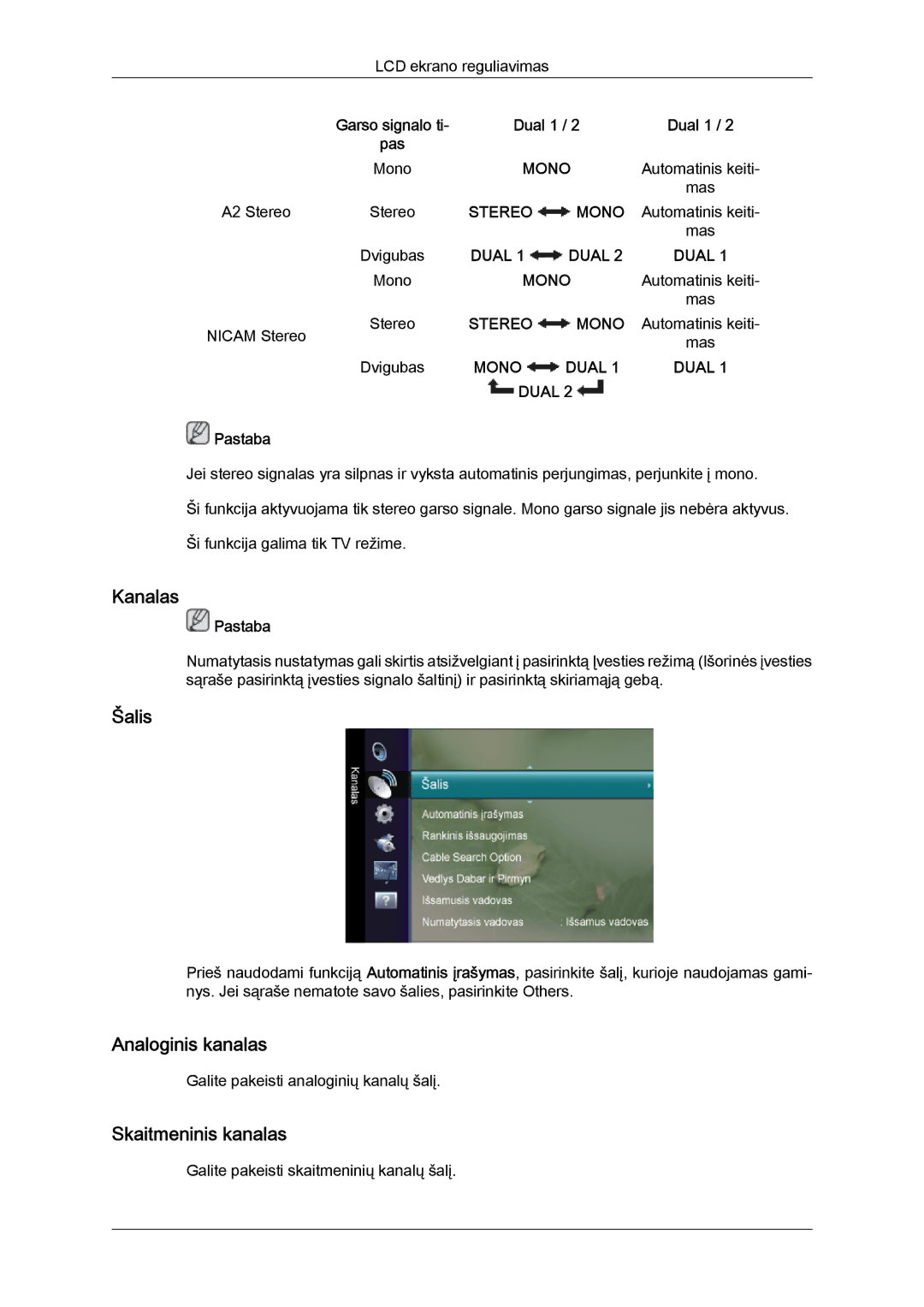 Samsung LS22TDDSUV/EN, LS20TDVSUV/EN, LS24TDVSUV/EN, LS24TDDSUV/EN Kanalas, Šalis, Analoginis kanalas, Skaitmeninis kanalas 