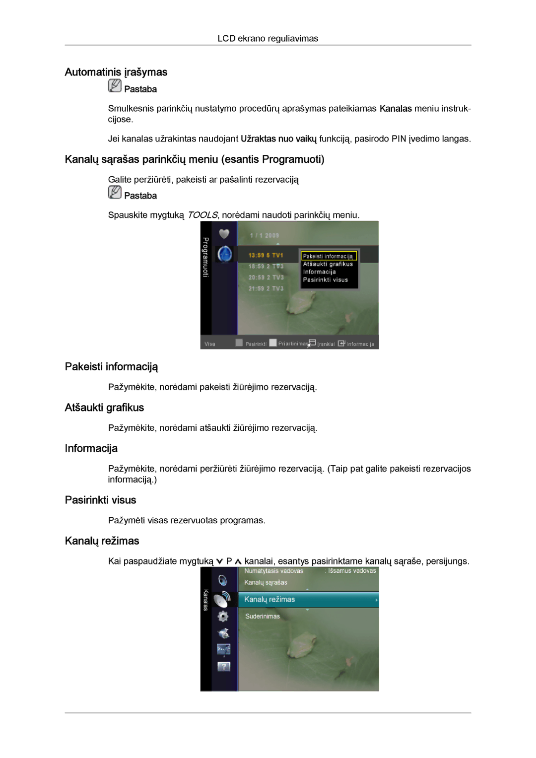 Samsung LS20TDVSUV/EN manual Kanalų sąrašas parinkčių meniu esantis Programuoti, Pakeisti informaciją, Atšaukti grafikus 