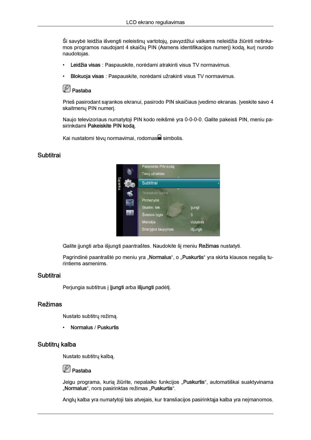 Samsung LS26TDDSUV/EN, LS20TDVSUV/EN, LS24TDVSUV/EN, LS24TDDSUV/EN manual Subtitrai, Subtitrų kalba, Normalus / Puskurtis 