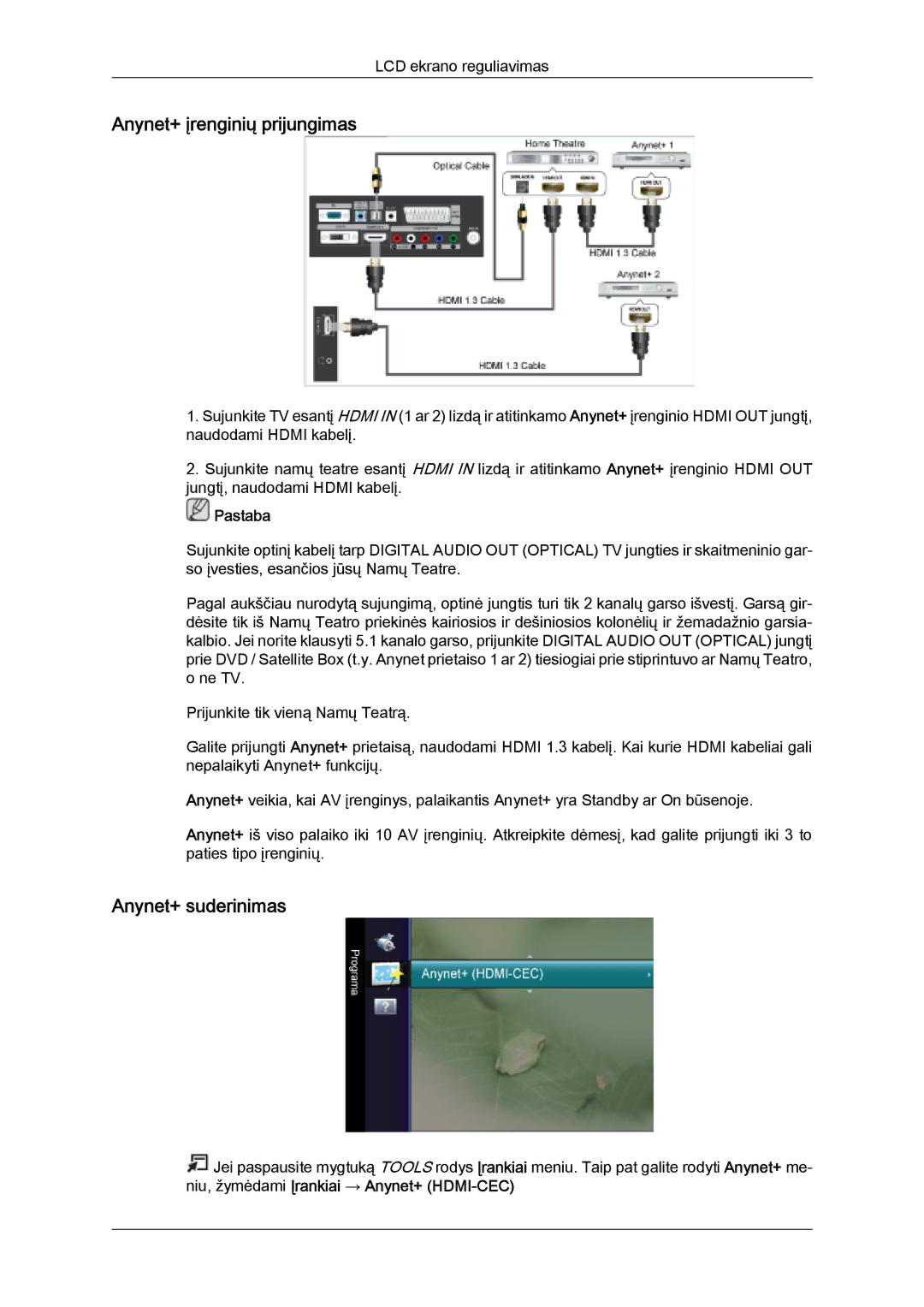 Samsung LS22TDDSUV/EN, LS20TDVSUV/EN, LS24TDVSUV/EN, LS24TDDSUV/EN manual Anynet+ įrenginių prijungimas, Anynet+ suderinimas 