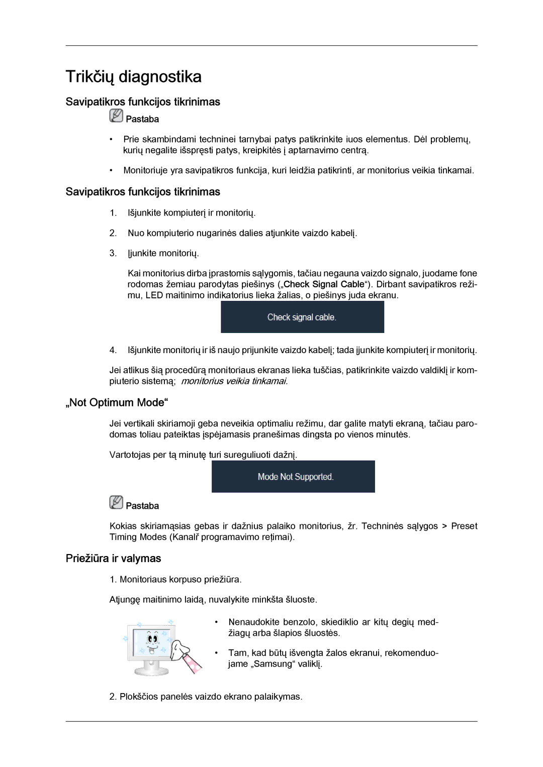 Samsung LS22TDVSUV/EN, LS20TDVSUV/EN manual Savipatikros funkcijos tikrinimas, „Not Optimum Mode, Priežiūra ir valymas 