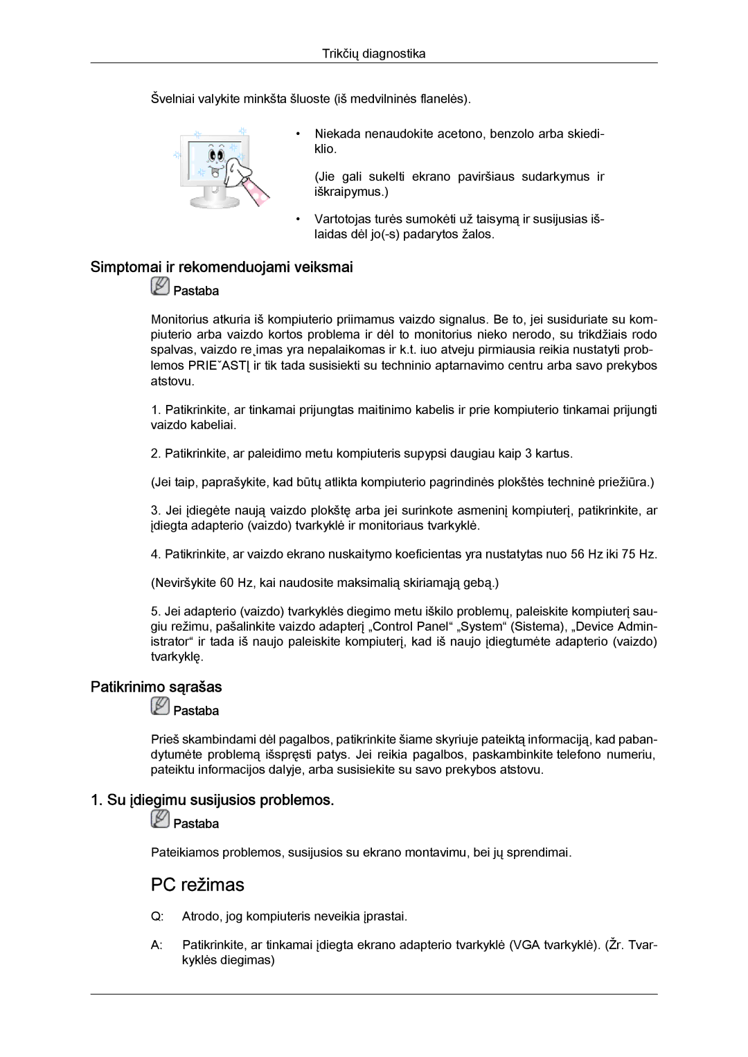 Samsung LS20TDDSUV/EN manual Simptomai ir rekomenduojami veiksmai, Patikrinimo sąrašas, Su įdiegimu susijusios problemos 