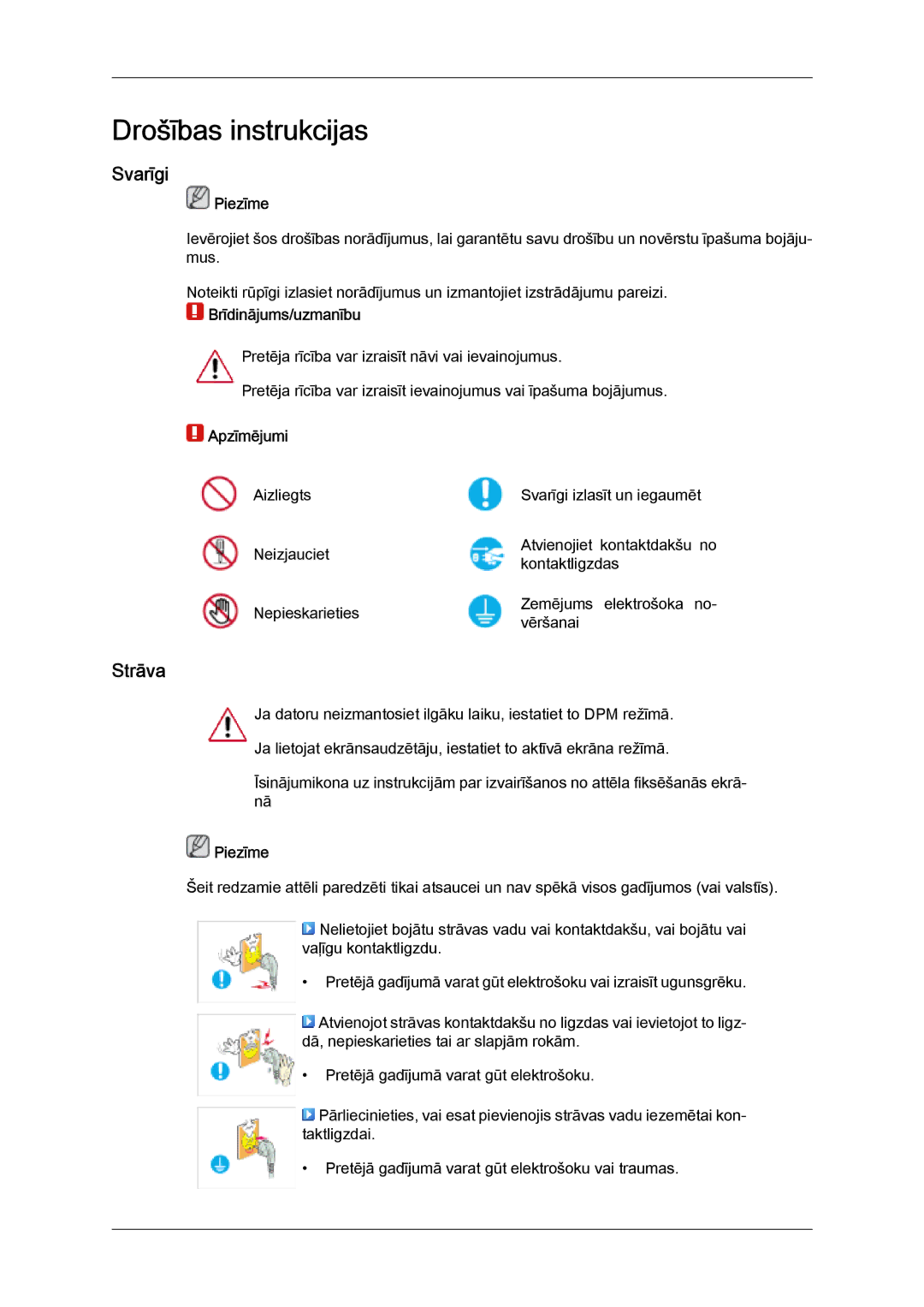Samsung LS24TDDSUV/EN, LS20TDVSUV/EN, LS24TDVSUV/EN manual Svarīgi, Strāva, Piezīme, Brīdinājums/uzmanību, Apzīmējumi 