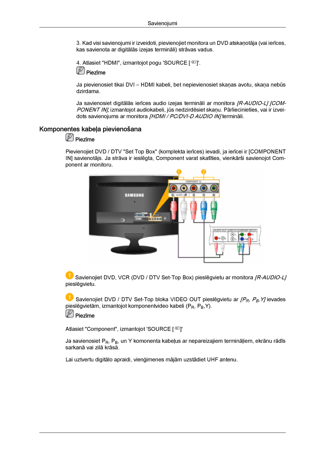 Samsung LS22TDVSUV/EN, LS20TDVSUV/EN, LS24TDVSUV/EN, LS24TDDSUV/EN, LS20TDDSUV/EN manual Komponentes kabeļa pievienošana 