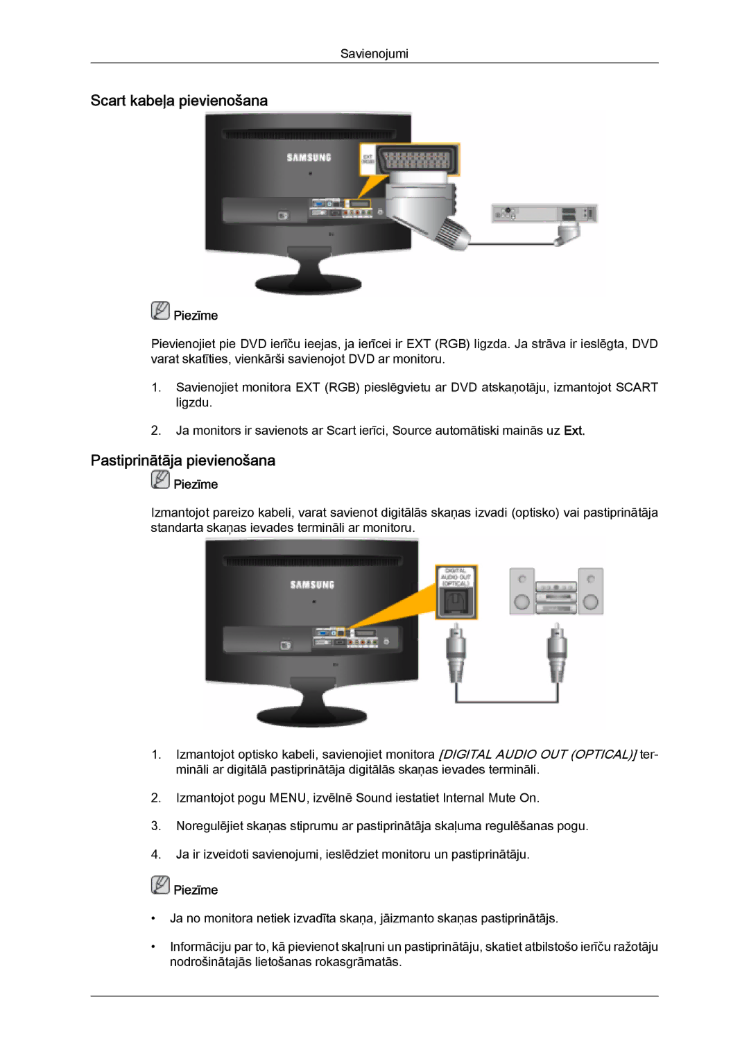 Samsung LS20TDDSUV/EN, LS20TDVSUV/EN, LS24TDVSUV/EN, LS24TDDSUV/EN Scart kabeļa pievienošana, Pastiprinātāja pievienošana 