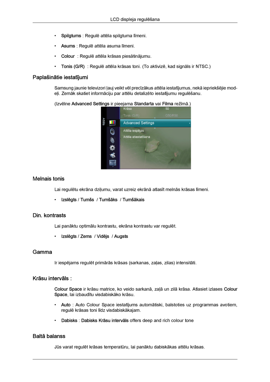 Samsung LS24TDDSUV/EN manual Paplašinātie iestatījumi, Melnais tonis, Din. kontrasts, Gamma, Krāsu intervāls, Baltā balanss 