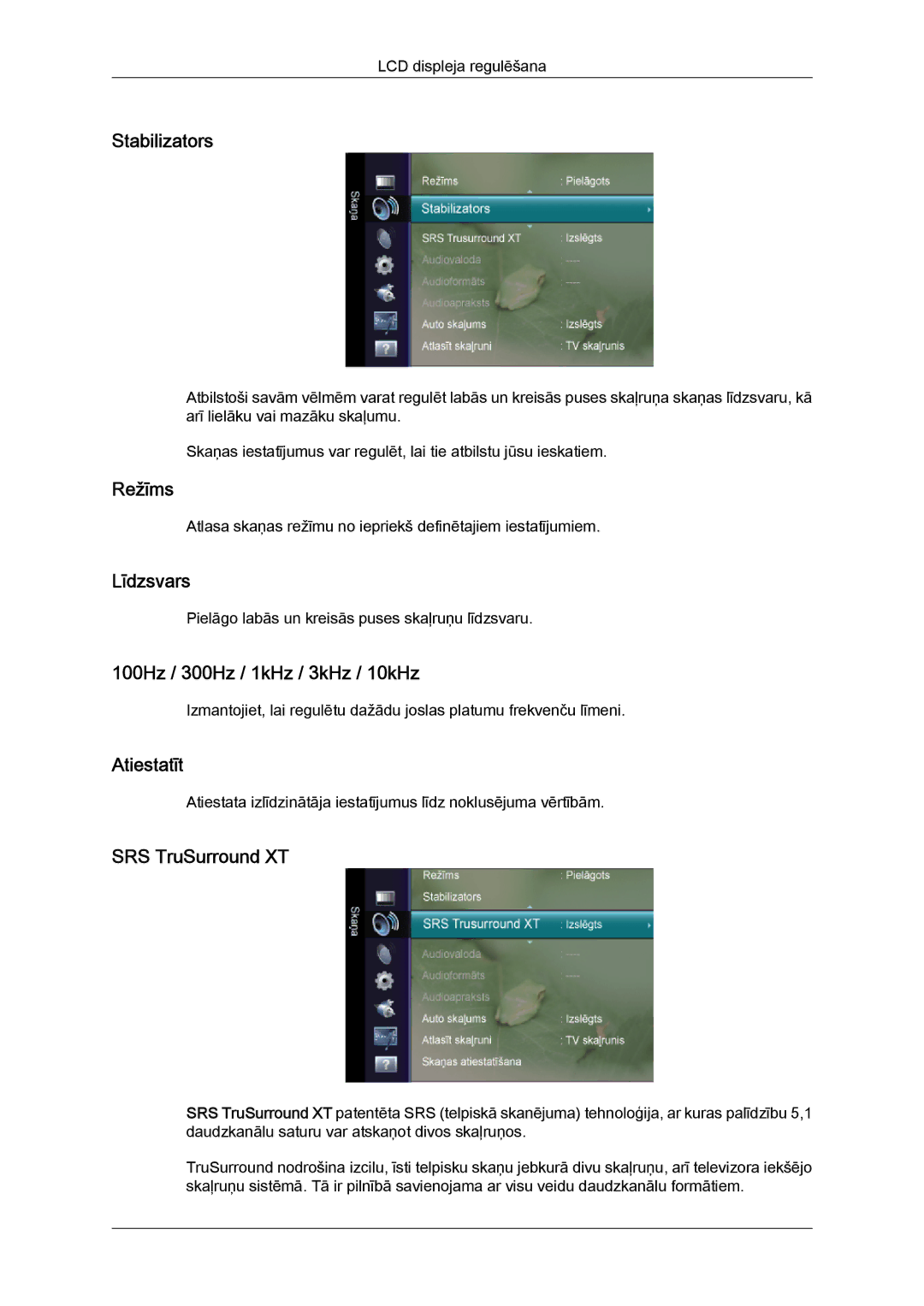 Samsung LS20TDVSUV/EN manual Stabilizators, Līdzsvars, 100Hz / 300Hz / 1kHz / 3kHz / 10kHz, Atiestatīt, SRS TruSurround XT 