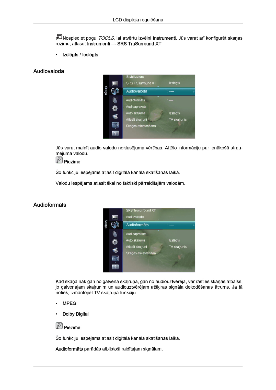Samsung LS24TDVSUV/EN, LS20TDVSUV/EN, LS24TDDSUV/EN, LS22TDVSUV/EN manual Audiovaloda, Audioformāts, Dolby Digital Piezīme 