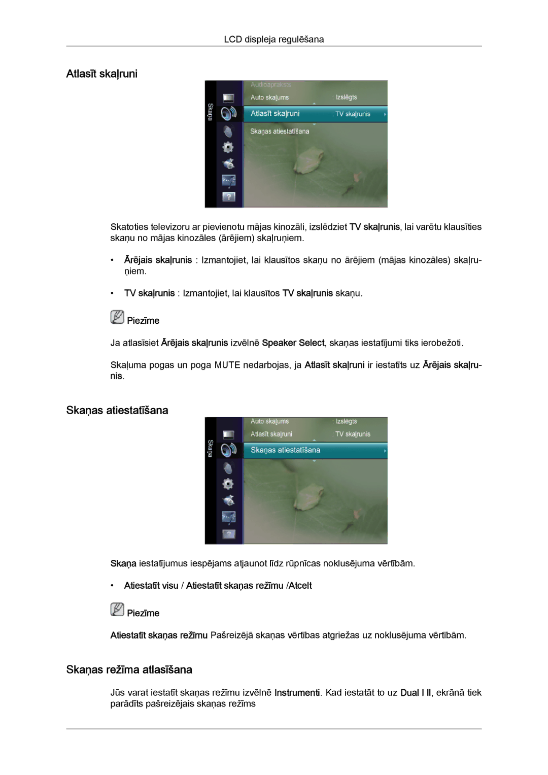 Samsung LS22TDVSUV/EN, LS20TDVSUV/EN, LS24TDVSUV/EN manual Atlasīt skaļruni, Skaņas atiestatīšana, Skaņas režīma atlasīšana 