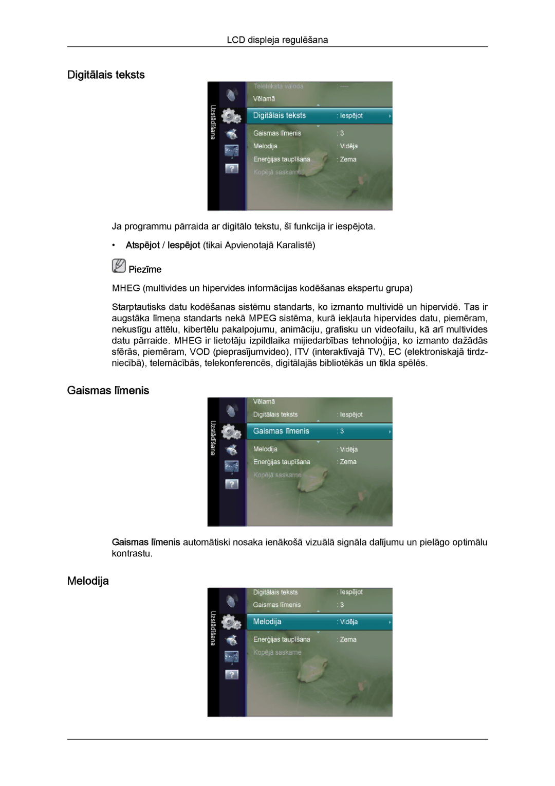 Samsung LS20TDVSUV/EN, LS24TDVSUV/EN, LS24TDDSUV/EN, LS22TDVSUV/EN manual Digitālais teksts, Gaismas līmenis, Melodija 