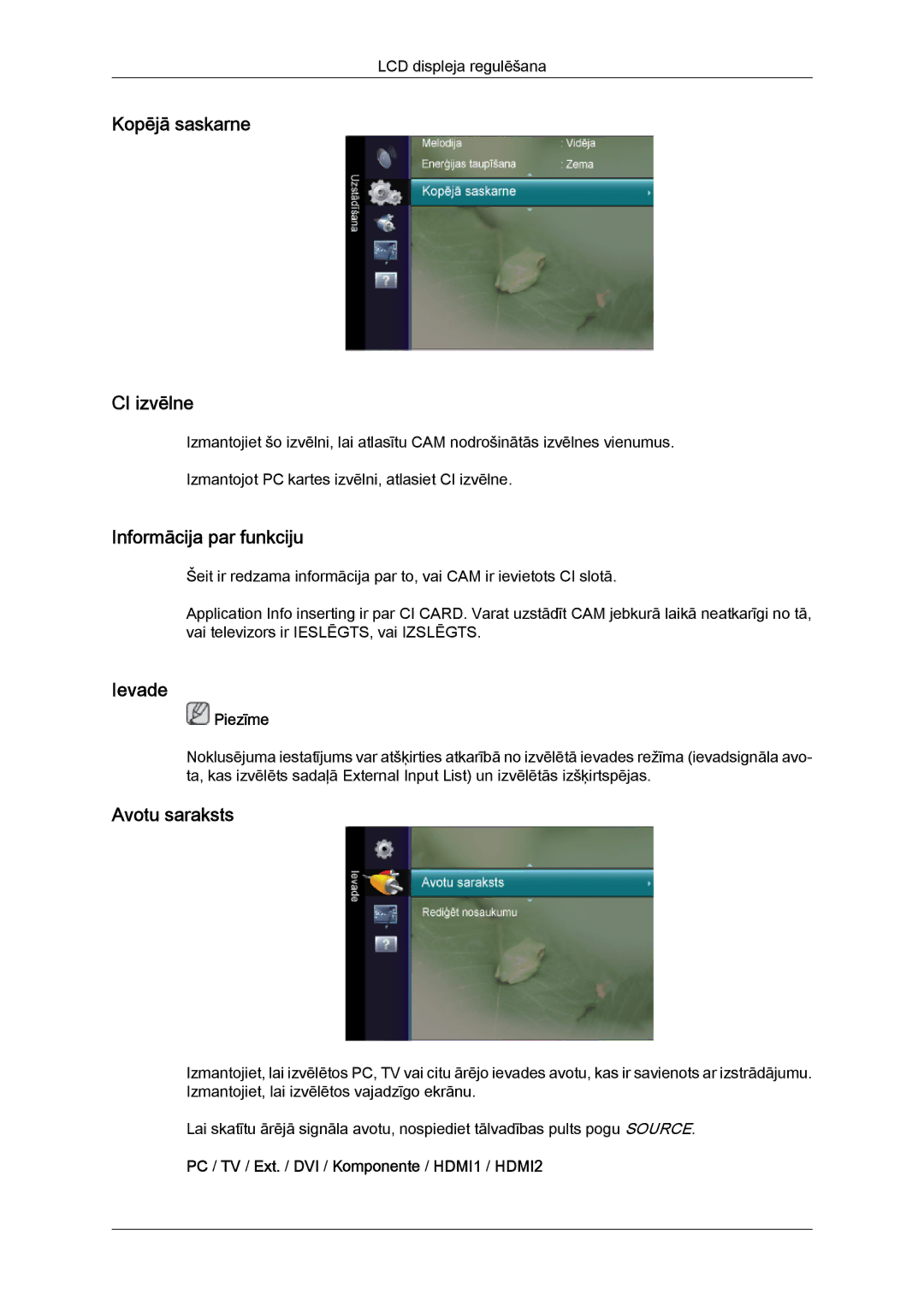 Samsung LS24TDDSUV/EN, LS20TDVSUV/EN manual Kopējā saskarne CI izvēlne, Informācija par funkciju, Ievade, Avotu saraksts 