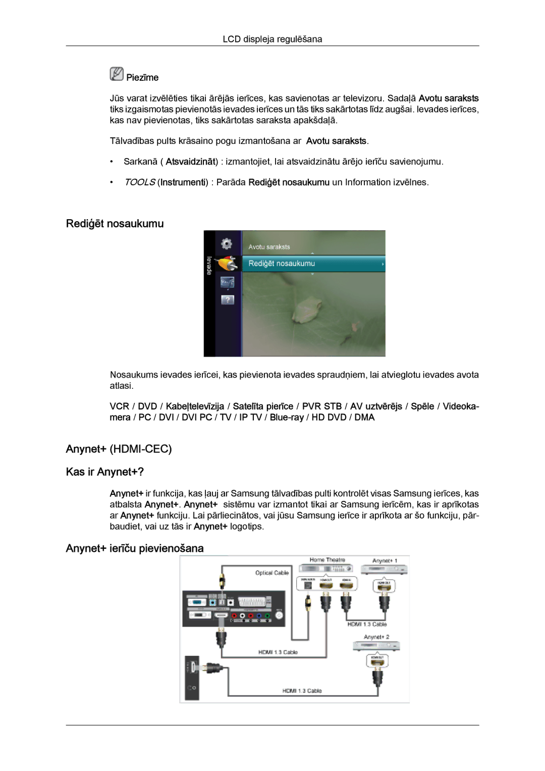 Samsung LS22TDVSUV/EN, LS20TDVSUV/EN manual Rediģēt nosaukumu, Anynet+ HDMI-CEC Kas ir Anynet+?, Anynet+ ierīču pievienošana 