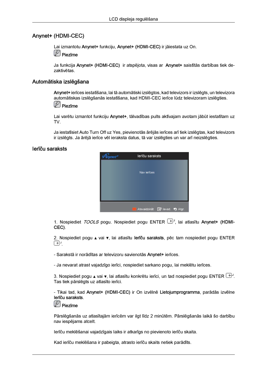 Samsung LS22TDDSUV/EN, LS20TDVSUV/EN, LS24TDVSUV/EN, LS24TDDSUV/EN Anynet+ HDMI-CEC, Automātiska izslēgšana, Ierīču saraksts 