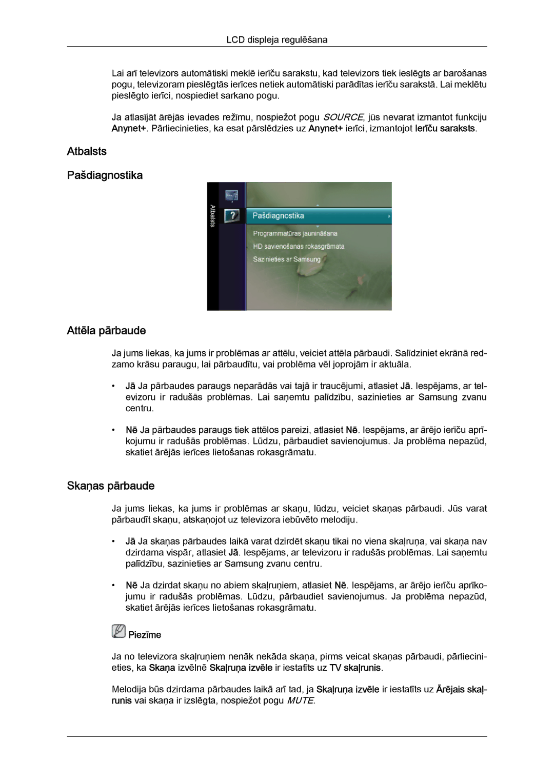 Samsung LS26TDDSUV/EN, LS20TDVSUV/EN, LS24TDVSUV/EN, LS24TDDSUV/EN Atbalsts Pašdiagnostika Attēla pārbaude, Skaņas pārbaude 