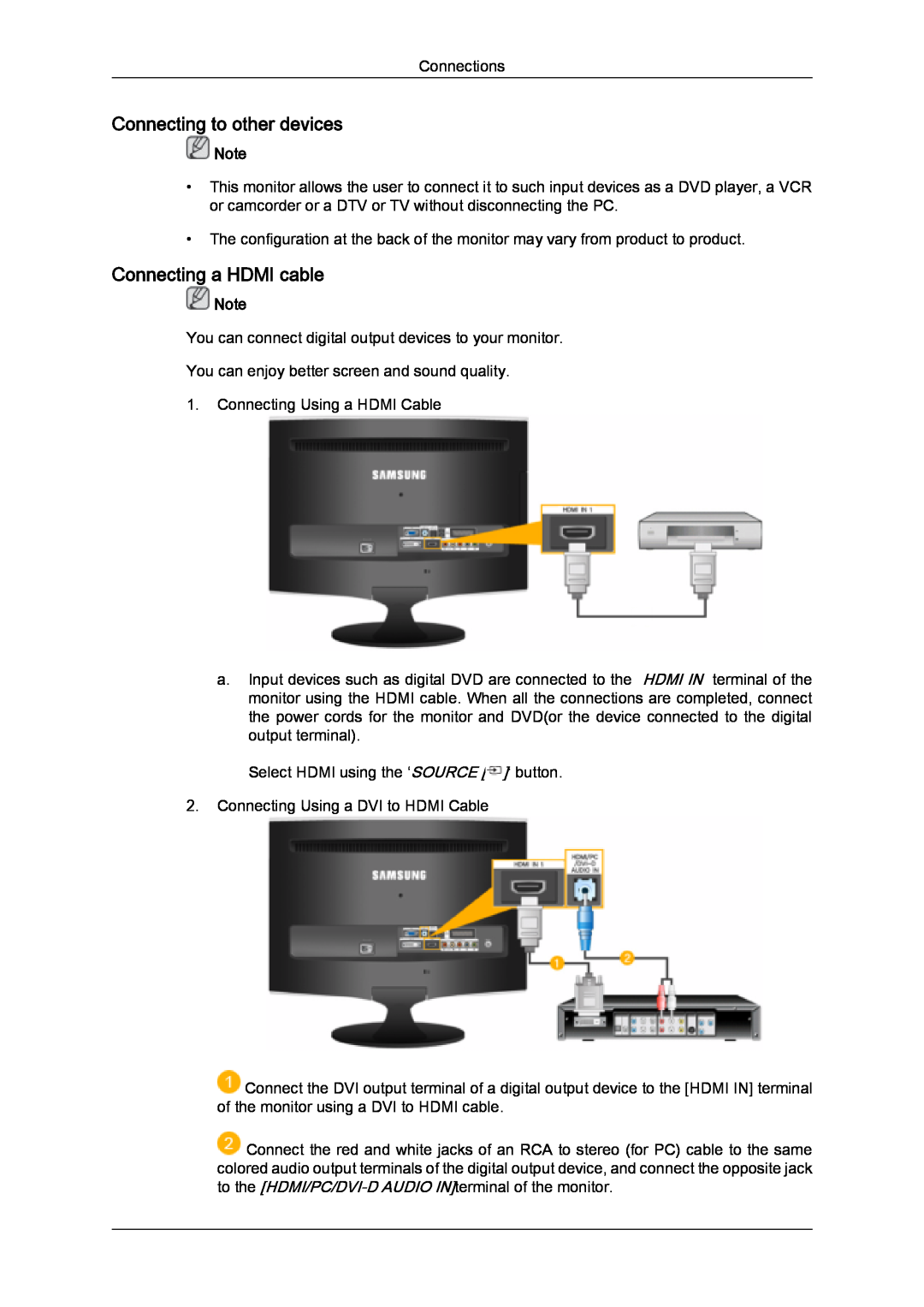 Samsung LS26TDDSUSCI, LS20TDVSUV/EN, LS24TDVSUV/EN, LS24TDDSUV/EN manual Connecting to other devices, Connecting a HDMI cable 