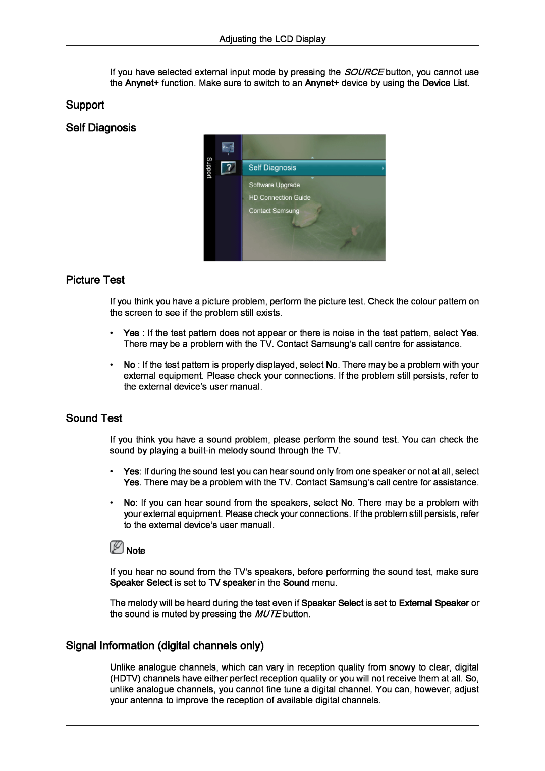 Samsung LS24TDVSUV/EN manual Support Self Diagnosis Picture Test, Sound Test, Signal Information digital channels only 