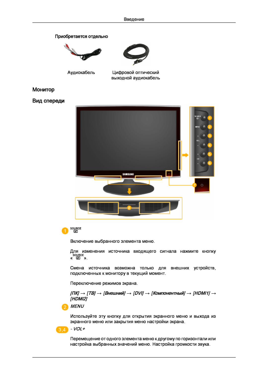 Samsung LS20TDDSUV/EN Монитор Вид спереди, Приобретается отдельно, ПК → ТВ → Внешний → DVI → Компонентный → HDMI1 → HDMI2 