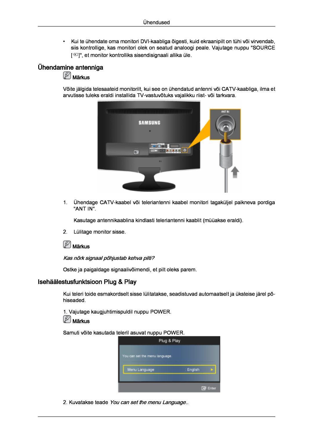 Samsung LS20TDVSUV/EN Ühendamine antenniga, Isehäälestusfunktsioon Plug & Play, Kas nõrk signaal põhjustab kehva pilti? 