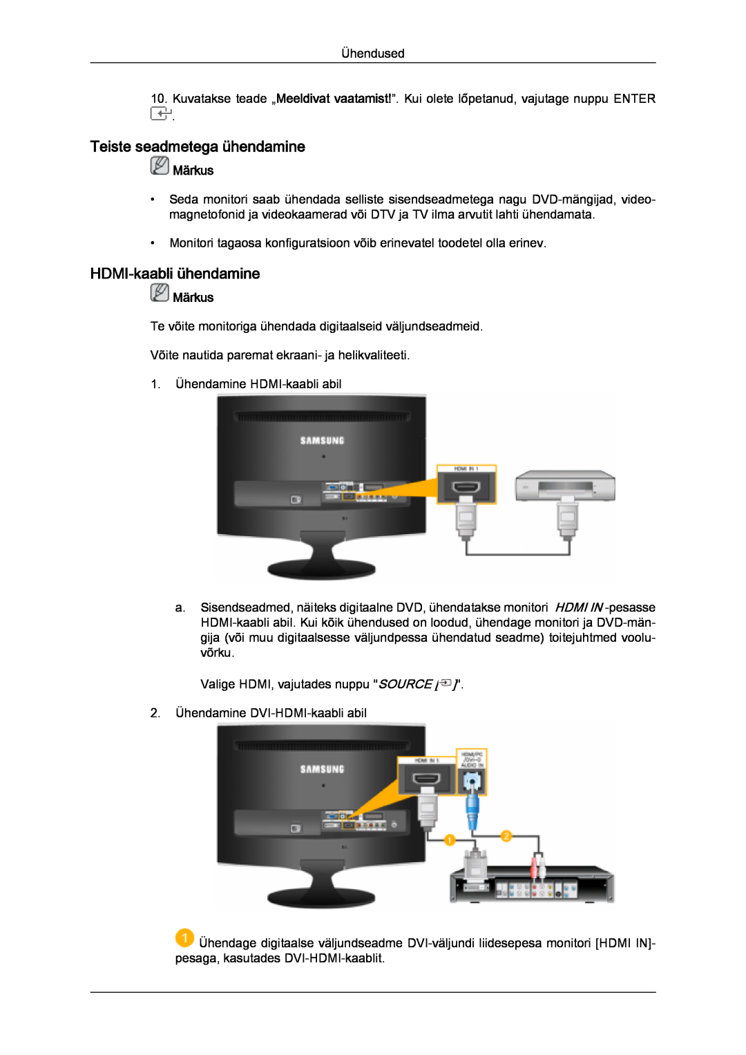 Samsung LS24TDDSUV/EN, LS20TDVSUV/EN, LS24TDVSUV/EN manual Teiste seadmetega ühendamine, HDMI-kaabli ühendamine, Märkus 