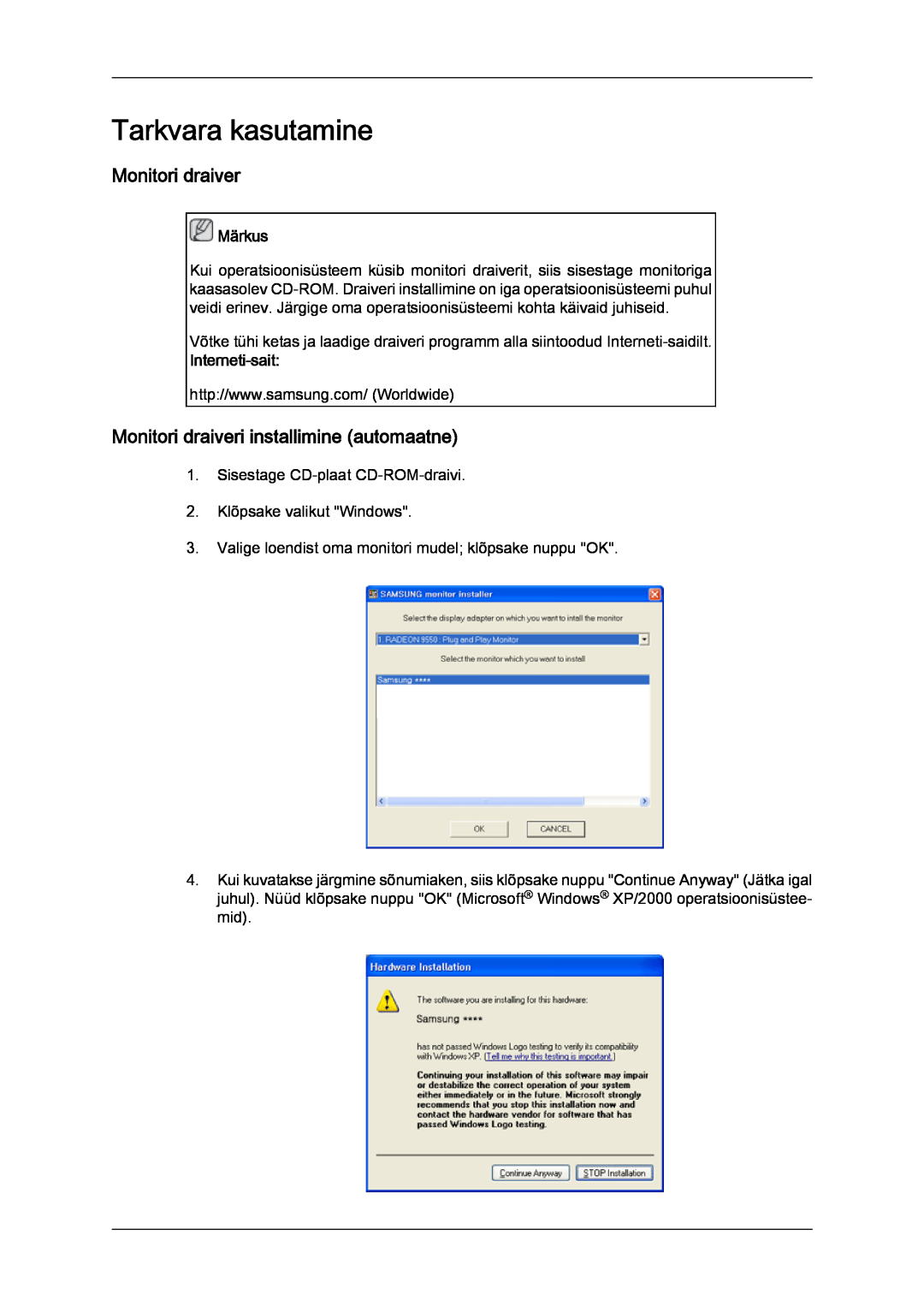 Samsung LS20TDVSUV/EN manual Tarkvara kasutamine, Monitori draiveri installimine automaatne, Interneti-sait, Märkus 