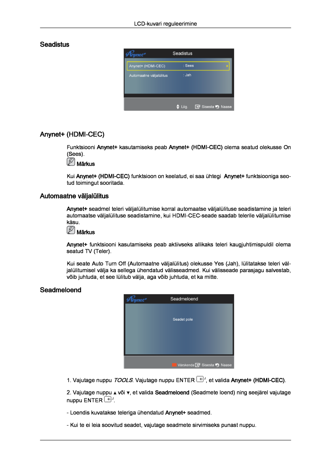 Samsung LS22TDDSUV/EN, LS20TDVSUV/EN manual Seadistus Anynet+ HDMI-CEC, Automaatne väljalülitus, Seadmeloend, Märkus 