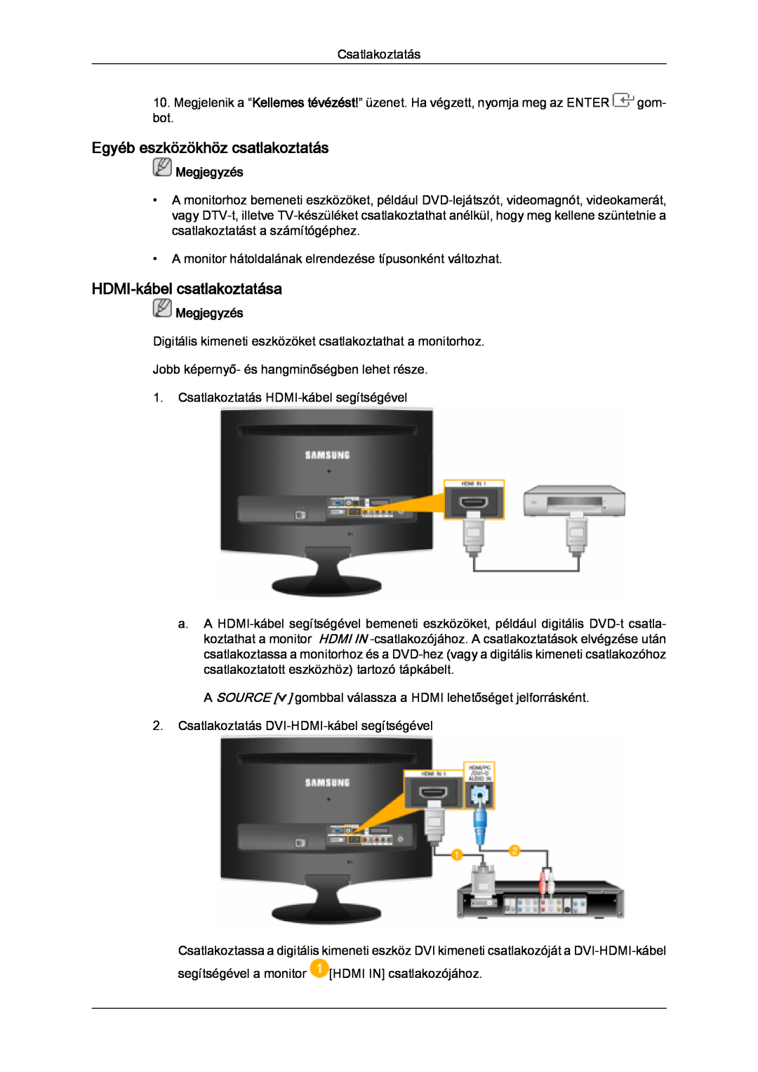 Samsung LS20TDVSUV/EN, LS24TDVSUV/EN manual Egyéb eszközökhöz csatlakoztatás, HDMI-kábel csatlakoztatása, Megjegyzés 