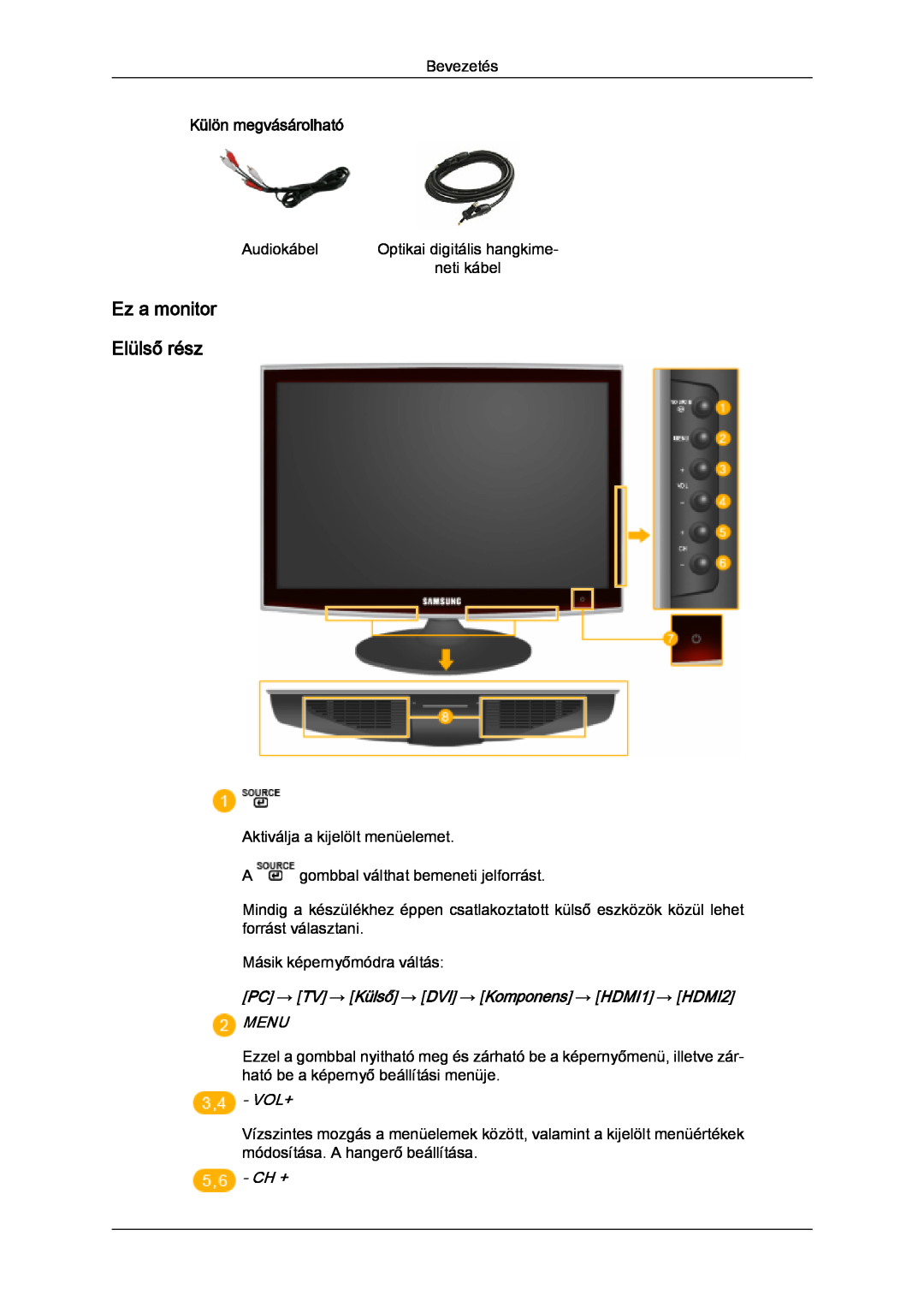 Samsung LS20TDDSUV/EN, LS20TDVSUV/EN, LS24TDVSUV/EN manual Ez a monitor Elülső rész, Menu, Vol+, Ch +, Külön megvásárolható 