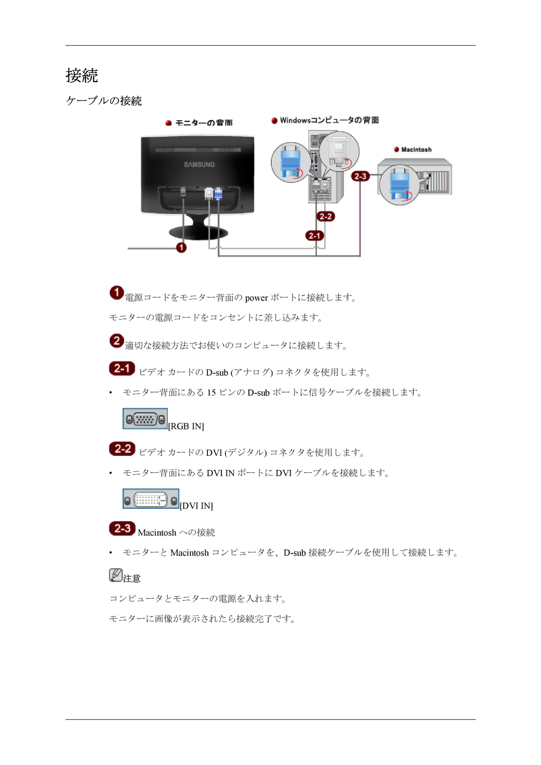 Samsung LS20TWGSUVRXJ, LS22TWGSUVRXJ manual ケーブルの接続, Macintosh への接続 