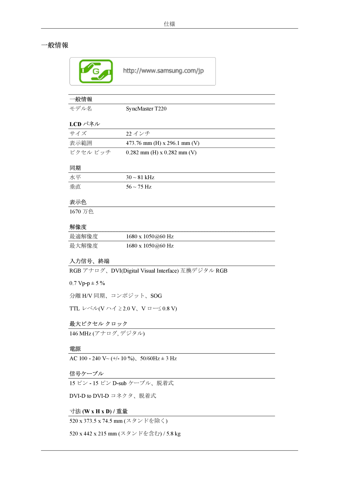 Samsung LS20TWGSUVRXJ, LS22TWGSUVRXJ manual SyncMaster T220, Mm H x 296.1 mm, Mm H x 0.282 mm 