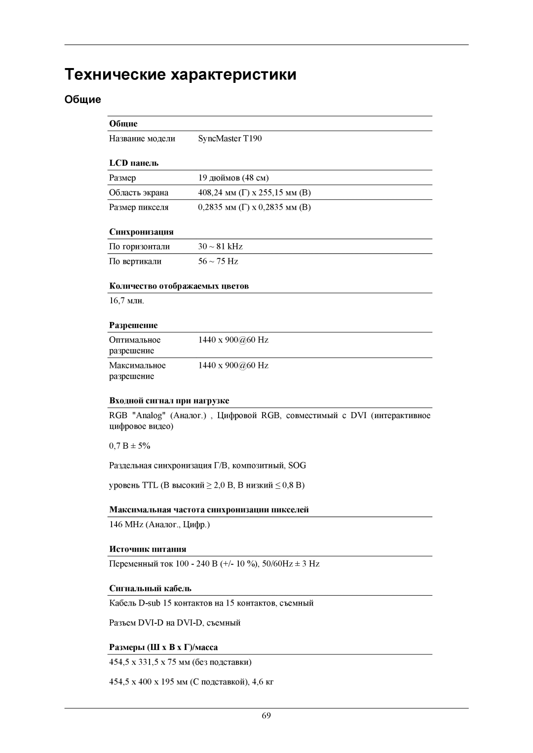 Samsung LS20TWGSVV/EN, LS20TWHSUV/EN, LS19TWHSUV/EN, LS22TWHSUV/EN, LS19TWHSU2SCI manual Технические характеристики, Общие 