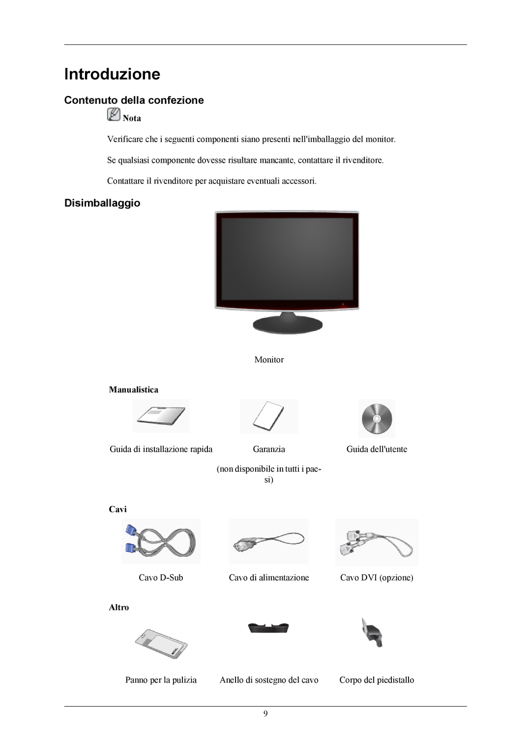 Samsung LS22TWHSUV/EN, LS20TWHSUV/EN, LS19TWHSUV/EN, LS22TWHSUV/CT Introduzione, Contenuto della confezione, Disimballaggio 