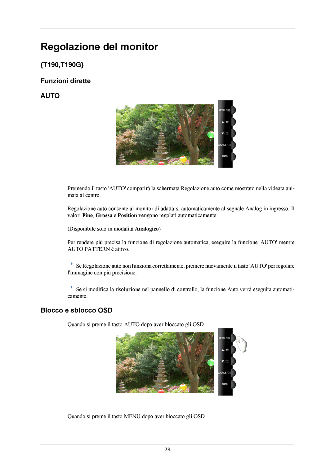 Samsung LS22TWHSUV/EN, LS20TWHSUV/EN manual Regolazione del monitor, T190,T190G Funzioni dirette, Blocco e sblocco OSD 