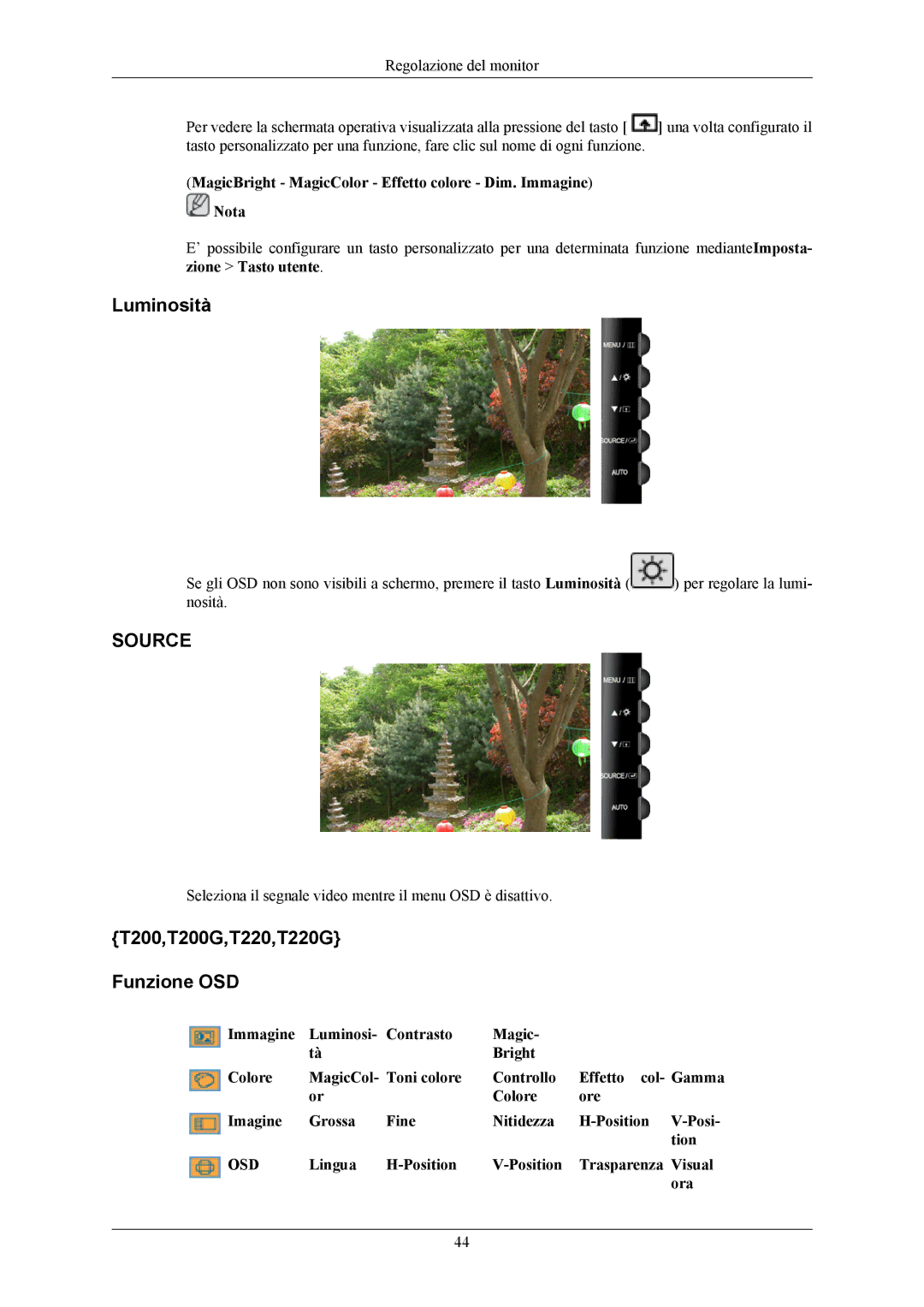 Samsung LS19TWHSUV/EN, LS20TWHSUV/EN, LS22TWHSUV/EN, LS22TWHSUV/CT manual Luminosità, T200,T200G,T220,T220G Funzione OSD 