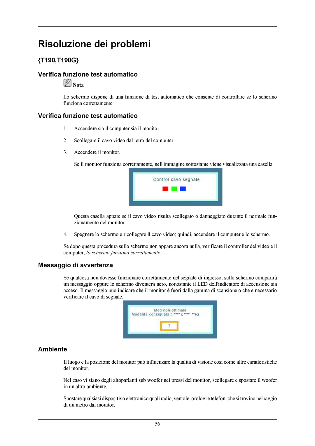 Samsung LS19TWHSUV/EN Risoluzione dei problemi, T190,T190G Verifica funzione test automatico, Messaggio di avvertenza 