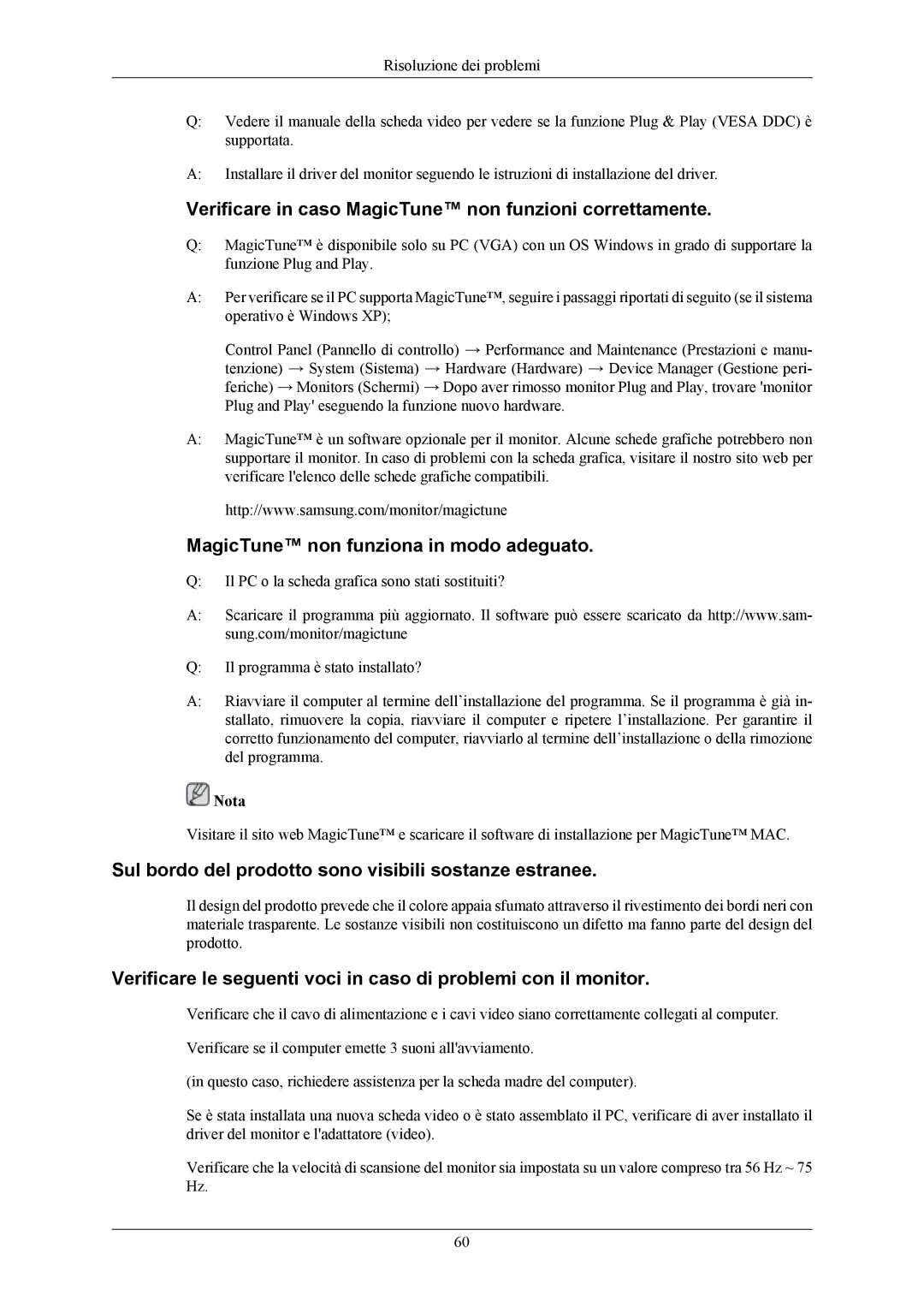 Samsung LS19TWHSUV/EN Verificare in caso MagicTune non funzioni correttamente, MagicTune non funziona in modo adeguato 